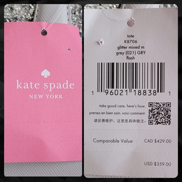 NWT Kate Spade K8706 Flash Glitter Tote Gray Saffiano Silver Glitter - Picture 15 of 16
